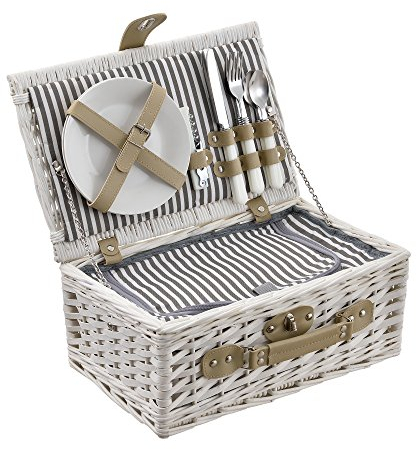 casa.pro Picknickkorb für 2 Personen Picknick-Set mit Kühltasche inkl. Geschirr Besteck Korkenzieher und Gläser Weiß