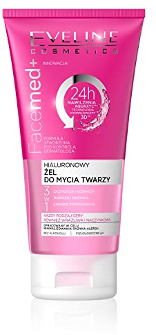 Eveline Cosmetics Facemed+ - Gel limpiador de ácido hialurónico 3 en 1 con D-pantenol y alantoína, crema hidratante profunda y revitalizante para pieles sensibles, 150 ml