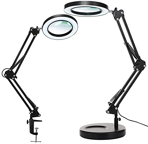 KIRKAS 10X Magnifying Glass with Light and Stand, 2-in-1 Stepless Dimmable LED Desk Lamp with Clamp, 3 Color Modes Lighted Magnifier Swivel Arm Light for Reading, Craft, Close Works - Black