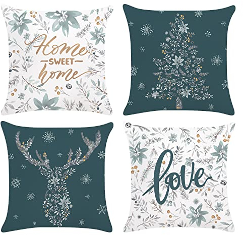 Bonhause 4er Set Kissenbezüge Winter 45 x 45 cm Blumen Blätter Graue Dekorative Kissenhülle Zierkissenbezüge für Sofa Schlafzimmer Wohnzimmer Zuhause Winter Dekoration