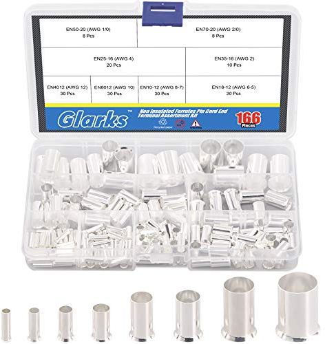Glarks Lot de 166 embouts de fil en cuivre plaqué argent - 8 tailles AWG 12 10 8 6 4 2 1 2/0