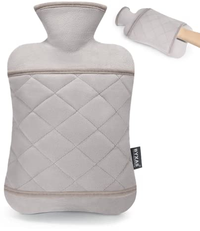 BYXAS Wärmflasche mit Bezug Kängurutasche - 2.0L Wärmflaschen Auslaufsicher, Bettflasche mit Superweichem Abnehmbarem Bezug, Hand-Fußwärmer, ideal zur Schmerzlinderung, Farbe Grau