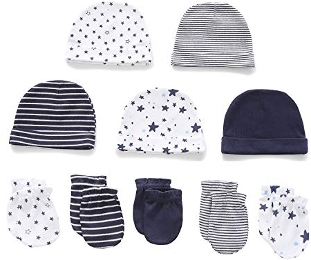 Chamie Babymütze und Fäustlinge, Neugeborenes Set, 5 Mützen und 5 Paar Fäustlinge für Babys, Jungen, Mädchen, Alter 0-6 Monate, 100% Baumwolle Dunkelblau