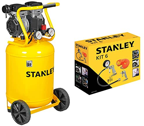 STANLEY Compressore Siltek Verticale Silenzioso 1,3HP & Kit 6 Pezzi Set per Aria Compressa Kit