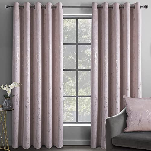 Sleepdown Marble Effect Velvet Blackout Thermal Insulated Eyelet Curtains for Bedroom and Living Room - 66x72 - Blush Pink - 2 Panels,5056242896326