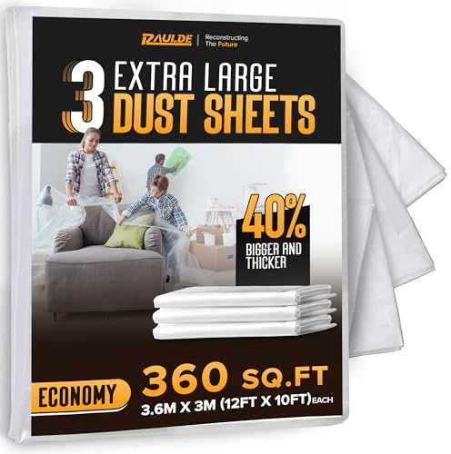 RAULDE 3 Pack Large Plastic Dust Sheets for Decorating - 3.6m x 2.7m (12ft x 9ft) Polythene Sheeting - 17 Micron Plastic Sheets for Painting, Furniture & Floor Protection