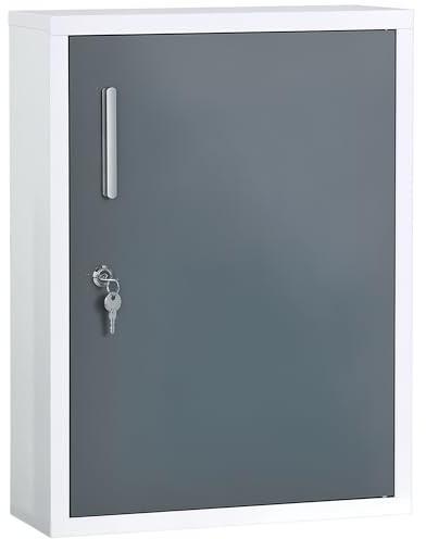 kleankin Bathroom Medicine Cabinet with Shelves Inside & On Door, Locking Medical Cabinet for Child & Pet Safety, First Aid Bathroom Wall Cabinet, White and Grey