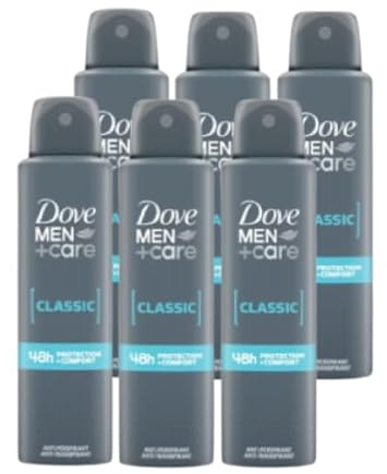 Dove Men+Care Classic with ¼ moisturising cream Men's Antiperspirant Deodorant Body Spray for 48 hour protection against sweat and odour 150 ml, Pack of 6