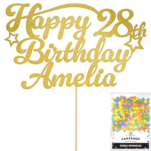 Personalised Happy Birthday Glitter Cake Topper with Stars - Gold Any Name & Any Age Glitter Cake Decoration and Sprinkles - Happy Birthday Decorations - Personalised Toppers for Cakes by Cakeshop