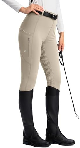 SANTINY Women's Horse Riding Pants Zipper Pockets Silicone Full-Seat Breeches Equestrian Schooling Tights for Women (Taupe_S)