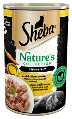 Sheba Nature's Collection – komplettes Nassfutter in Terrine für ausgewachsene Katzen, Geflügelcocktail mit Leber und Fischöl mit Karottengarnitur, Dose12 x 400 g