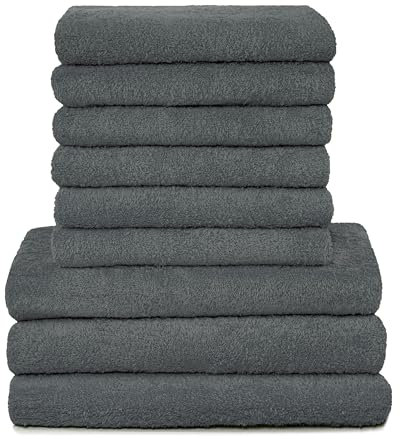ZOLLNER 9tlg. Handtuch Set aus 6X Handtücher (ca. 50x100 cm), 3X Duschtücher (ca. 70x140 cm), besonders weich und saugstark, waschbar bis 95°C, Baumwolle, Graphit
