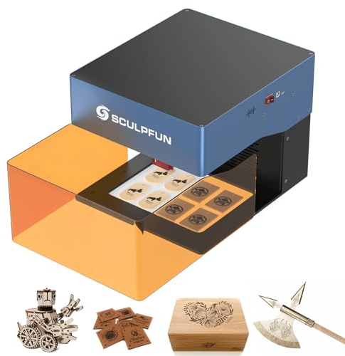 SCULPFUN 10 W iCube Pro Max lasergravyrmaskin, bärbar lasergravyrmaskin, 120 x 120 mm lasergravyrmaskin med rökfilter, 0,08 mm graveringsnoggrannhet, minigravyr för träpapper läder