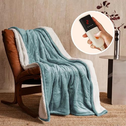 JET'S HOME Couverture Chauffante Électrique 1 Personne 130x180cm - Plaid Chauffant 6 Réglages de Température Fermeture Automatique Réglable, Protection Contre la Surchauffe Lavable en Machine (Bleu)