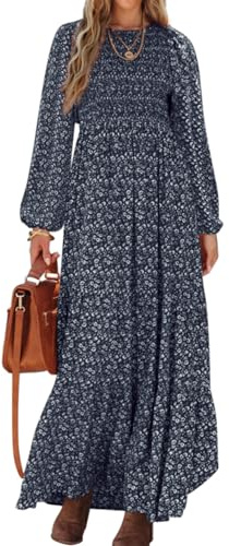 PRETTYGARDEN Women's Spring Dresses 2026 Long Sleeve Flowy Casual Floral Maxi Dress Crew Neck Smocked Tiered Long Dress (Navy, Small)