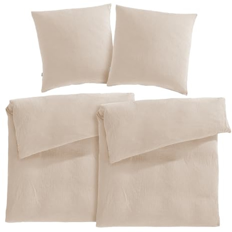 Pure Label Musselin Bettwäsche 155x220 4 teilig bestehend aus Bettbezug 155 x 220 cm 2er Set + Kissenbezug 80x80 cm 2er Set aus Baumwolle - Traumhaft kuschelige Bettwäsche-Sets in beige
