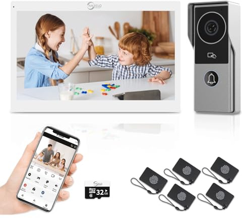 2-cable de vídeo timbre de la puerta del sistema de intercomunicación con cámara de 1080P y 10 pulgadas de pantalla táctil, WiFi kit de teléfono de la puerta de vídeo (White)