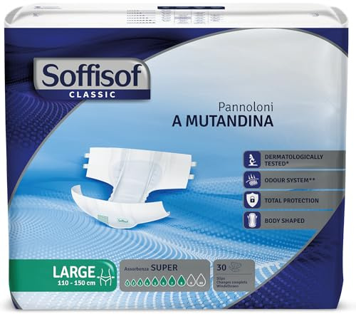 Soffisof Classic Couches Adultes Super L - 30x Couche Adulte Incontinence, Absorption 8 Gouttes, Change Complet Adulte Taille L (110-150 cm) - Paquet Individuel