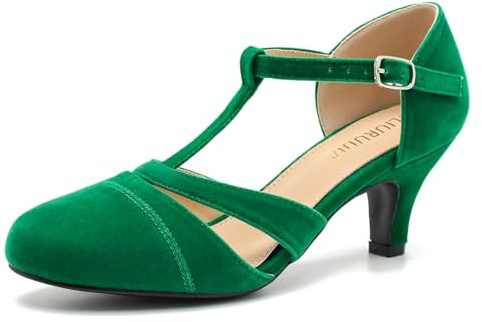 LIURUIJIA Women's T-Strap Mary Jane Pumps - Vintage Low Kitten Heels for Dance, Retro Party, or Cosplay, Green, 5.5 UK