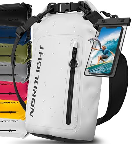 Nordlight Dry Bag Sac Étanche avec Pochette Étanche Téléphone, Fermeture Roll-Top, Bandoulière | Sac à Dos étanche Nautique, Sac Impermeable Etanche | Natation Plage Sup Bateau - Blanc (Opaque), 30 L