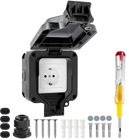 Vonsera Außensteckdose Wasserdicht IP66, 1-Fach Outdoor Steckdose, Ausensteckerdose Aufputz mit Klappdeckel für Garten & Feuchträume, Schwarz