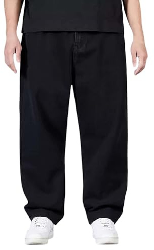 Baggy Jeans da uomo, colore nero, in denim, per il tempo libero, taglia unica, gamba larga, pantaloni da jogging dritti, pantaloni estivi con coulisse e tasche traspiranti