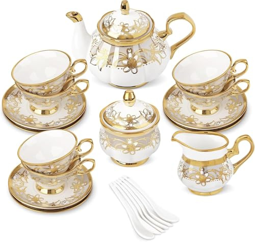 fanquare 15 Pieces Vintage Floral Tea Set Golden Coffee Cup and Saucer Set of 6 British Ceramic Tea Cup with Spoon Afternoon Party Gifts