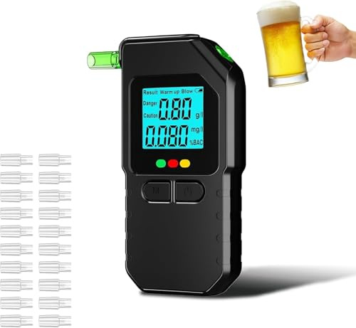 Alcoholímetro Digital Homologado de Alta Precisión con Sensor Dual, Medidor de Alcoholemia Profesional con Pantalla LCD, 20 Boquillas y Alarma Sonora - Portátil para Uso Doméstico y Seguridad Vial