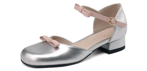 Escarpins Mary Jane Rétro pour Femme Bout Carré Dessus en Similicuir Bride Cheville avec Nœud Et Boucle Talons Blocs Bas À Enfiler Chaussures Décontractées,Argent,34 EU