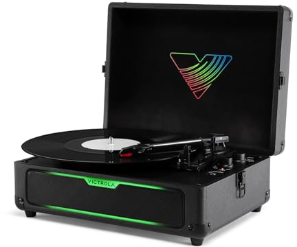 Victrola Journey Glow – Giradischi Bluetooth a Valigia 3 Velocità Illuminato con 18 Effetti Luce RGB e Sincronizzazione Musicale, Altoparlanti Stereo con Bassi Potenziati (Nero)