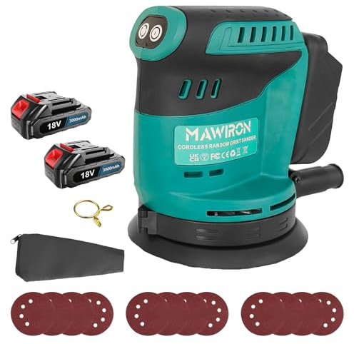Levigatrice orbitale a batteria da 18 V, 2 batterie da 18 V, 3000 mAh, strumento di lucidatura da 5 pollici, per legno, metallo, mobili e auto, design leggero con aspirazione automatica della polvere
