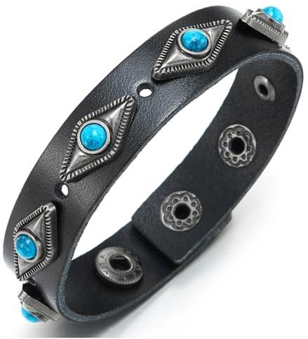 COOLSTEELANDBEYOND Bracelet Homme en Cuir Noir avec Clous Turquoise, Bracelet Western Concho à Pression, Manchette Boho Biker