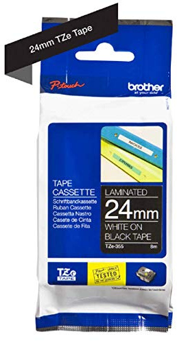 Brother TZe-355 Labelling Tape Cassette, White on Black, 24mm (W) x 8M (L), Laminated, Brother Genuine Supplies