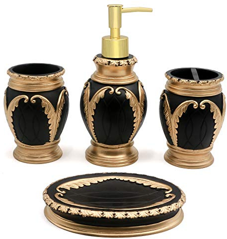 LUANT Set Salle de Bain, Ensemble d'accessoires 4 pièces comprenant gobelet, porte-brosse à dents, porte-savon et distributeur de savon, noir et doré