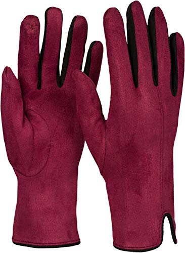 styleBREAKER Damen Touchscreen Handschuhe mit Farbkontrast und Fleece Futter, warme Thermo Fingerhandschuhe, Winter 09010030, Farbe:Bordeaux-Rot