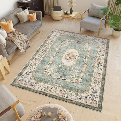 TALETA Teppich Wohnzimmer, Vintage Teppich waschbar rutschfest, Bunte Teppiche mit Blumenmuster für Wohnzimmer, Schlafzimmer, Vintage orientalischer Teppich Groß: 120 x 170 cm, grün