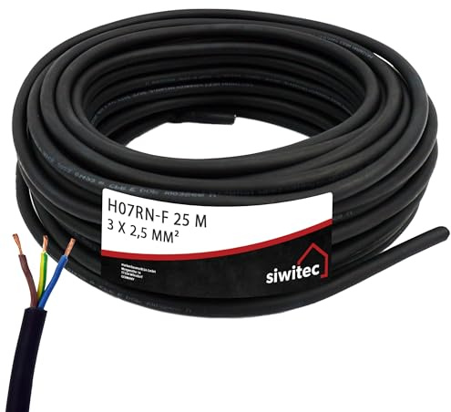 siwitec Gummischlauchleitung H07RN-F 3G2,5, 3x2,5 mm², 25 m, Schwarz, 450/750 V, Stromkabel, Elektrokabel, Gummikabel - Made in Germany
