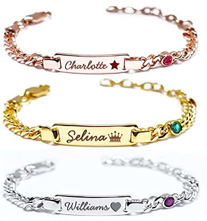 Personalized Baby Birthstone Bracelets for Infant Girls, Custom 18K Gold Plated Name ID Bracelets for Kids, 1st Birthday Girl, Customized Gifts for Newborn Birthday Baptism, Baby Shower