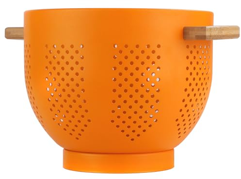Passoire de Cuisine Avec Manche en Bois et Base Stable, 29 x 22 x 18 cm, Poudre Sûr Alimentaire Enduite, Grande Passoire Métal pour Légumes, Pâtes & Fruits​ (orange mat)