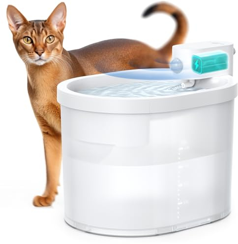 uahpet Cat Water Fountain, Wireless & Battery Operated 2L/67oz Pumpless Automatic Pet Fountain with Motion Sensor, Food-Grade ABS Tray, Easy to Clean Water Dispenser for Cats