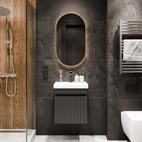 Planetmöbel Cosmia - Juego de muebles de baño con lavabo y armario de 50 x 60 x 35 cm, color antracita, espejo de baño con iluminación de 50 cm, lavabo con cajón