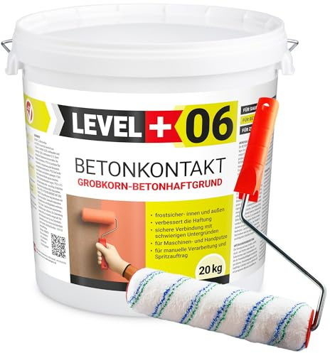 LEVEL+ 06 contatti per calcestruzzo, 20 kg, per intonaco adesivo, base per cemento, vernice per calcestruzzo + rullo da 10 cm, con set di staffe