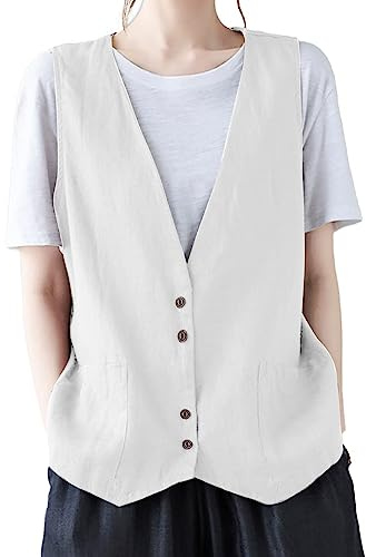 Chaleco de lino para mujer de verano, chaqueta de lino, sin mangas, tallas grandes, chaqueta de verano, cuello en V, blusa de lino, elegante, chaleco de traje de lino, sin mangas, chaleco tradicional