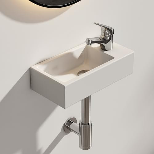 EMKE Lavabo Suspendido para Baño, 405 x 205 x 105 mm, Rectangular, Lavabo Suspendido de Cerámica, Blanco Brillante, Ideal para Baños Pequeños