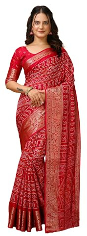 AKHILAM Women's Dola Silk Bandhani Printed Saree With Unstitched Blouse Piece (ATRNG5101_CM_Parent), Red, One size