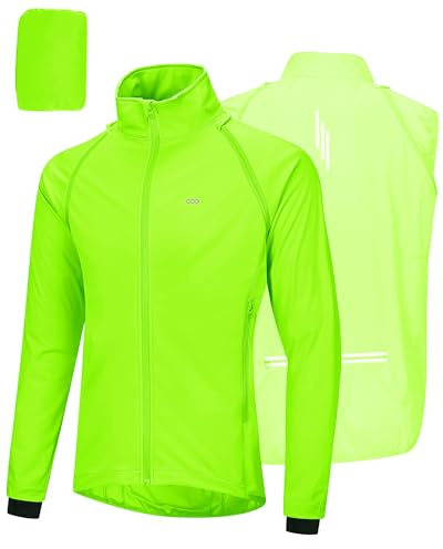 33,000ft Mens Cycling Jacket Waterproof Breathable Coats Reflective Running Vest with Removable Sleeves Lightweight for Packable Green S