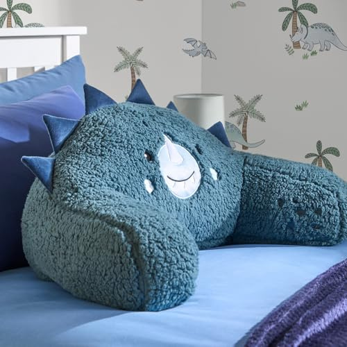 OHS Cuddle Cushion for Kids Dinosaur Character, Comfy Reading Pillows Super Soft Fleece Back Support Cushion with Arms Snuggle Hug Pillow Relaxing Comfy Sit Up in Bed Pillow, Blue - 45 x 40 x 30cm