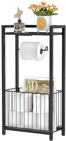 Freestanding Toilet Paper Holder with Storage Shelf – Bathroom Tissue Stand with Space for Phone, Tablet, and Magazines – All-in-One Toilet Roll Dispenser and Organizer