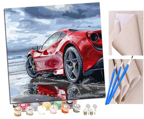 SENDJJ Peinture par Numero Adulte Art de voiture de sport rouge en bord de mer (6) animal DIY Peinture à l'huile Numéros Toile Paint by Numbers Peindre par Nombre Kits sans Cadre 40x40cm