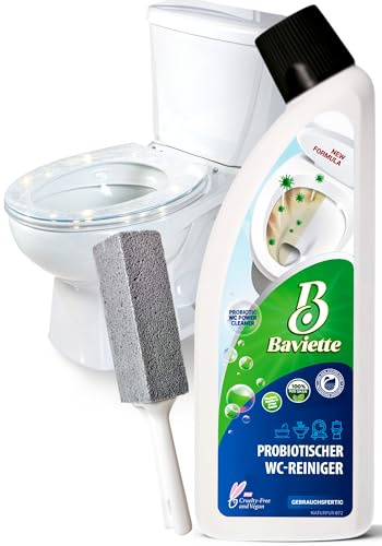 Baviette Bath Cleaner & Descaler Spray with Pumice Stone - Biological & Probiotic for Toilet, Basin & Fixtures - Ideal for Households with Children and Pets (WC Cleaning)